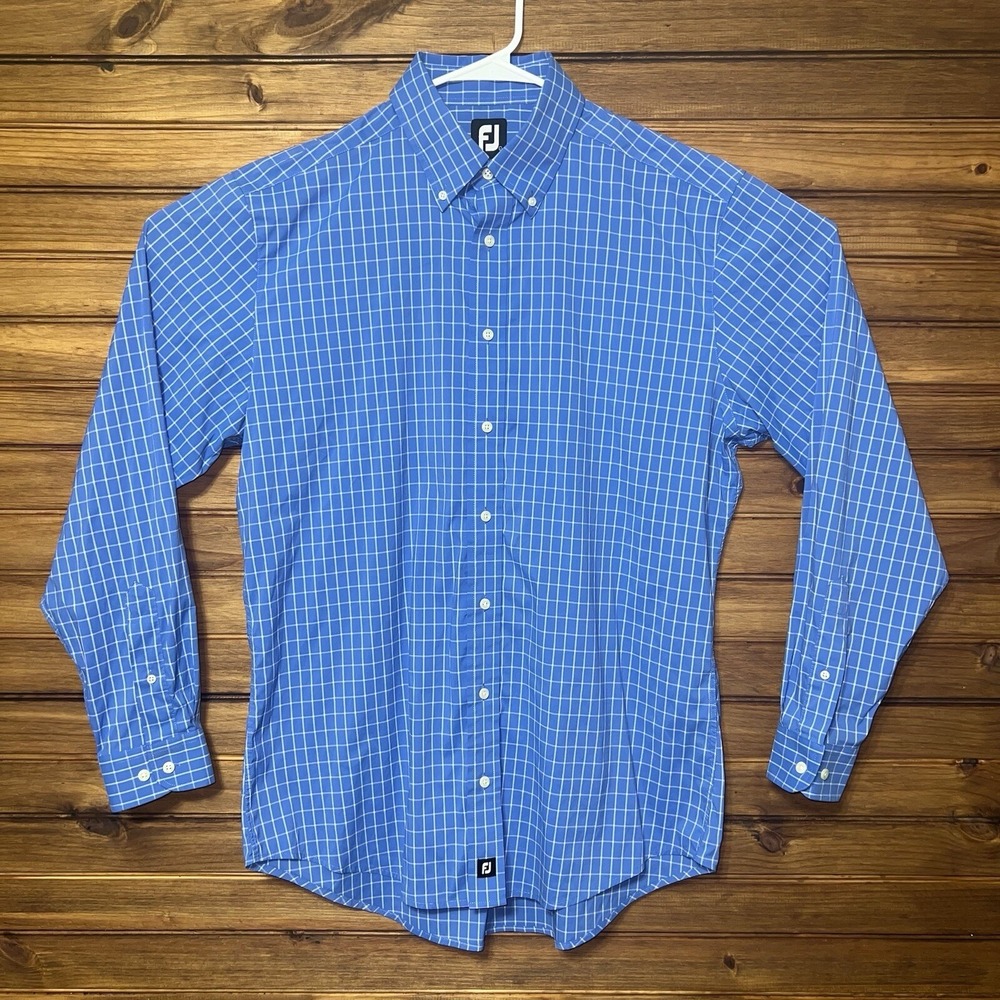 FootJoy Button Down Shirt Mens Size Large Golf Stretch Blue Plaid Nylon Spandex